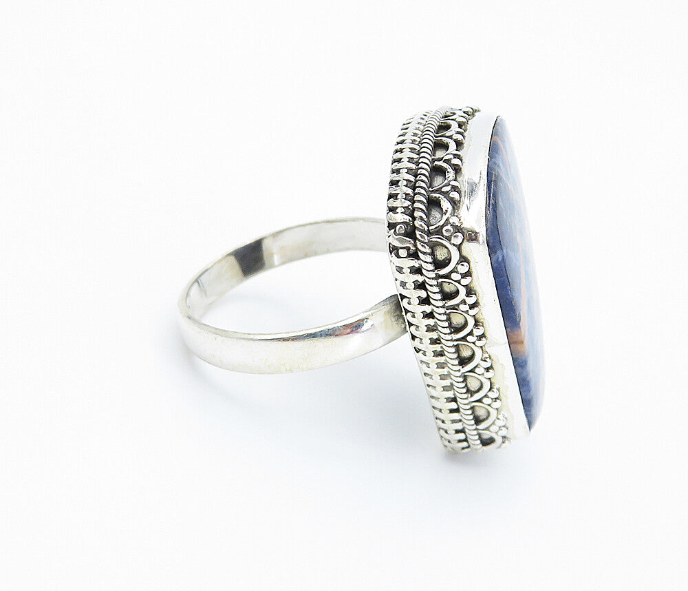 925 Sterling Silver  Sodalite Swirl Border Shiny Cocktail Ring Sz 10  RG8130