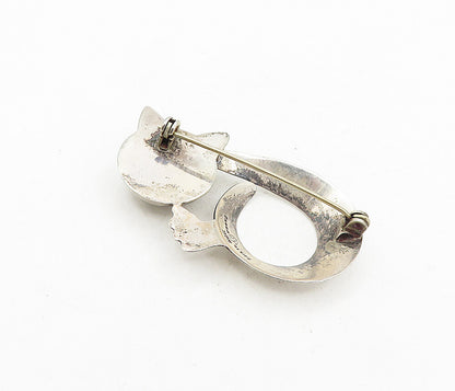 MEXICO 925 Sterling Silver Vintage Blue Topaz Modernist Cat Brooch Pin BP3151
