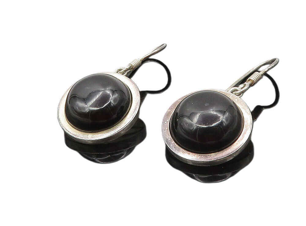 MEXICO 925 Silver  Vintage Cabochon Cut Black Onyx Dangle Earrings  EG4673