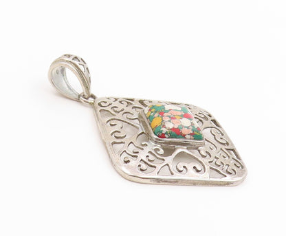 925 Sterling Silver Vintage Pendant Gemstone Classic Openwork Square  PT26118