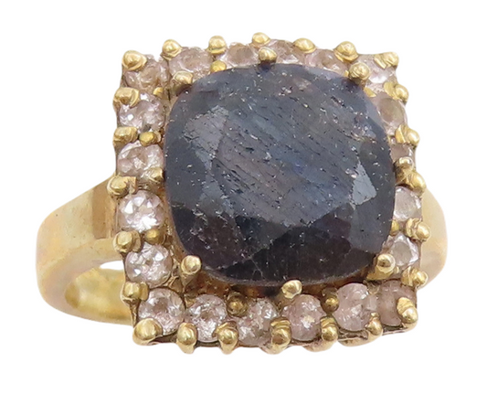 925 Sterling Silver Vintage Ring Gold Plated Square Framed Gem & CZ Sz 6 RG30532