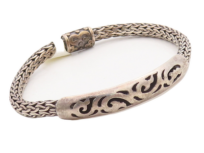 925 Sterling Silver Vintage Bracelet Solid Cutout Designs Breaded Band  BT10678