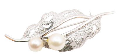 925 Silver  Vintage Cultured Pearls Shiny Floral Leaf Brooch Pin  BP8881