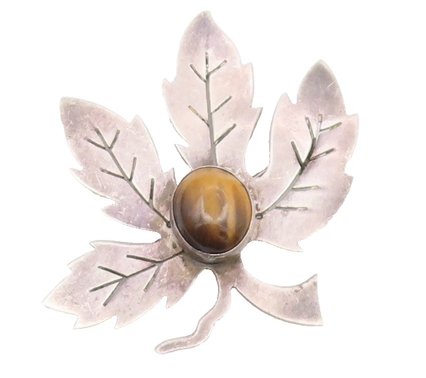 ISRAEL 925 Sterling Silver  Vintage Tiger's Eye Carved Leaf Brooch Pin  BP9402