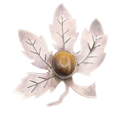 ISRAEL 925 Sterling Silver  Vintage Tiger's Eye Carved Leaf Brooch Pin  BP9402