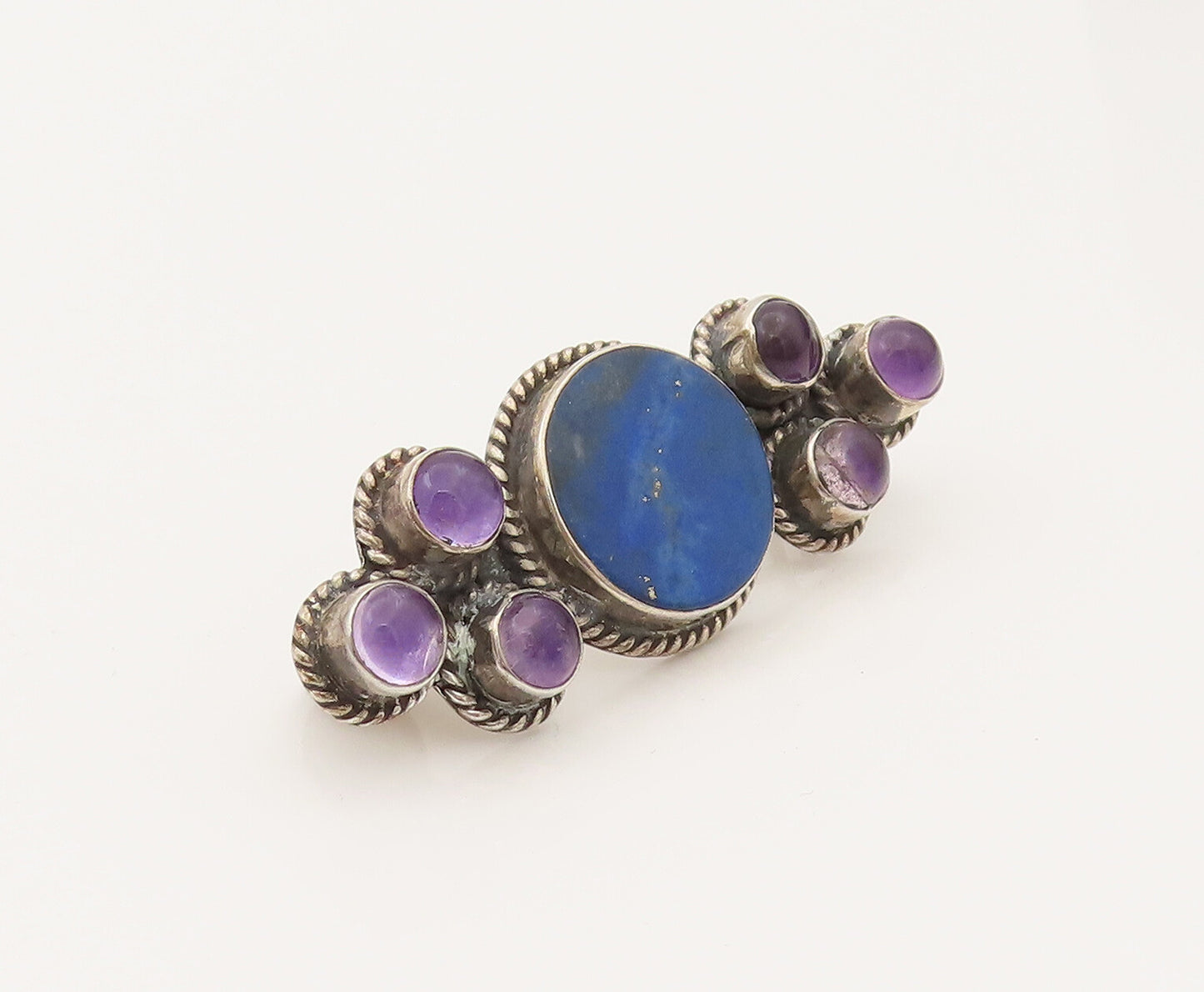 925 Silver  Vintage Lapis Lazuli & Cabochon Amethyst Brooch Pin  BP10215
