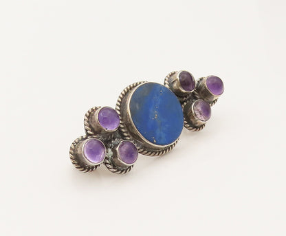 925 Silver  Vintage Lapis Lazuli & Cabochon Amethyst Brooch Pin  BP10215