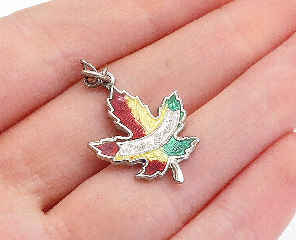 925 Sterling Silver  Vintage Enamel Coated Autumn Leaf Drop Pendant  PT3764