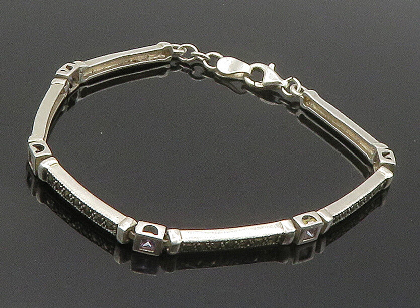 925 Sterling Silver   Cubic Zirconia & Marcasite Bar Chain Bracelet  BT6411