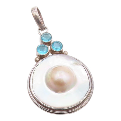925 Sterling Silver  Vintage Mother Of Pearl & Blue Topaz Pendant  PT17019