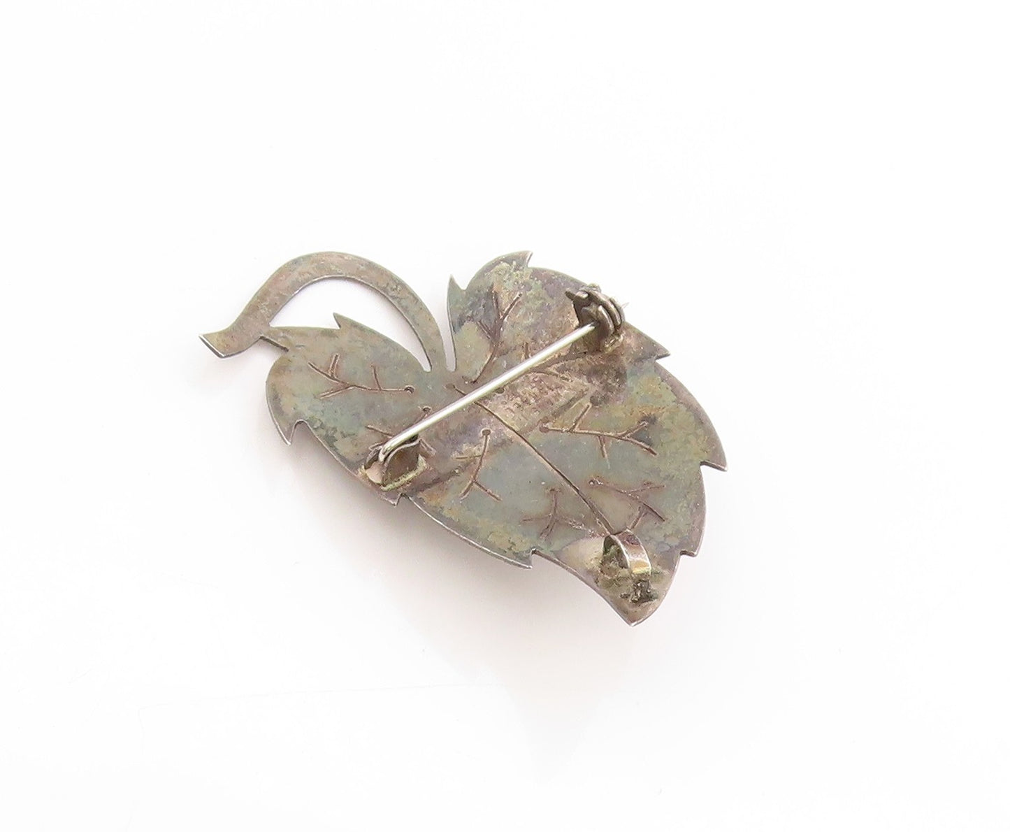 925 Sterling Silver Vintage Brooch ISRAEL Turquoise Etched Grape Leaf  BP11859