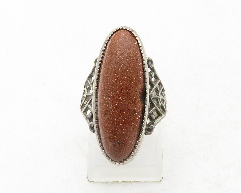 925 Sterling Silver  Vintage Cabochon Goldstone Cocktail Ring Sz 4.5  RG12991