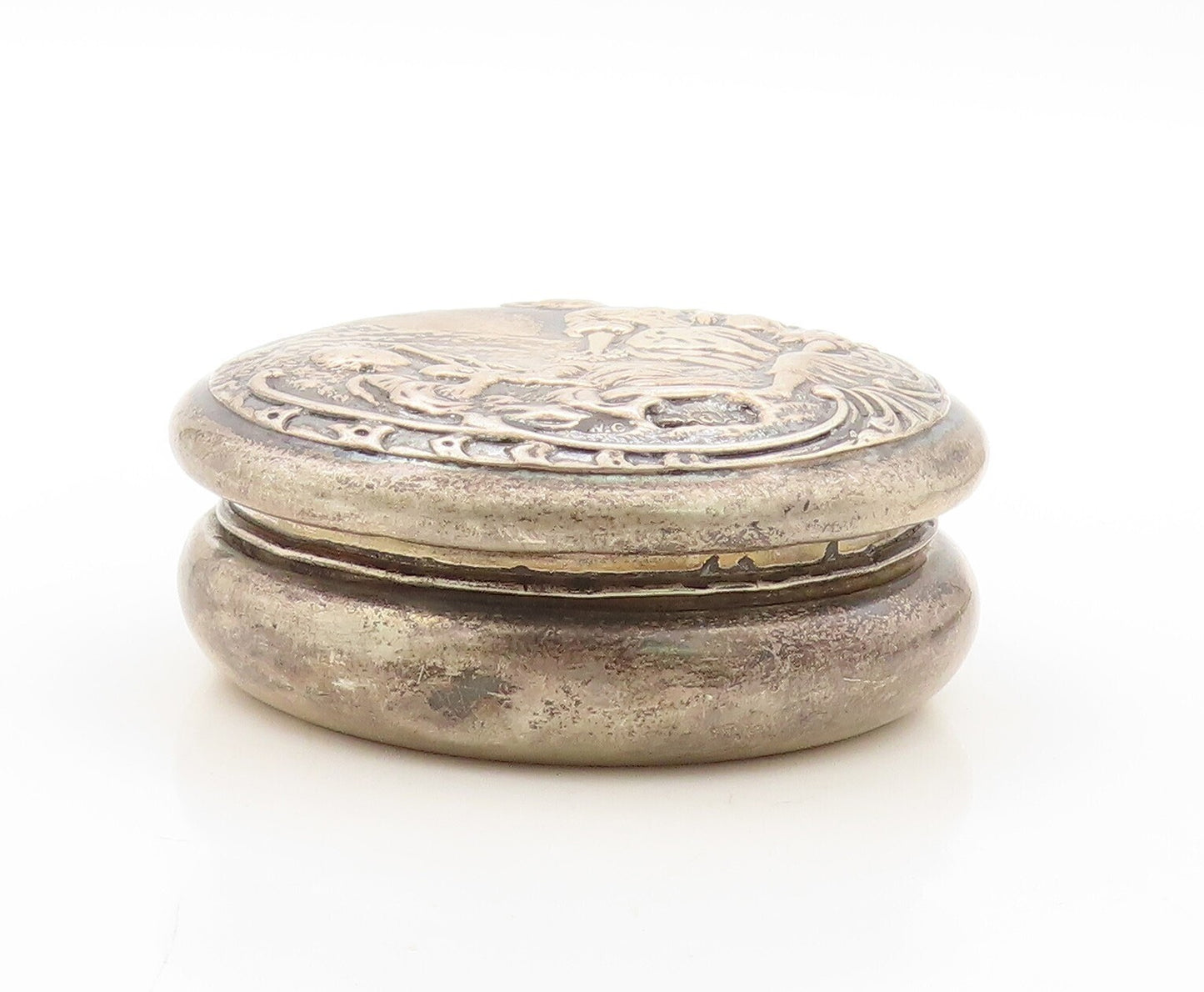 925 Sterling Silver Vintage Pill Box WC ENGLAND Antique Carved (OPENS)  TR3818
