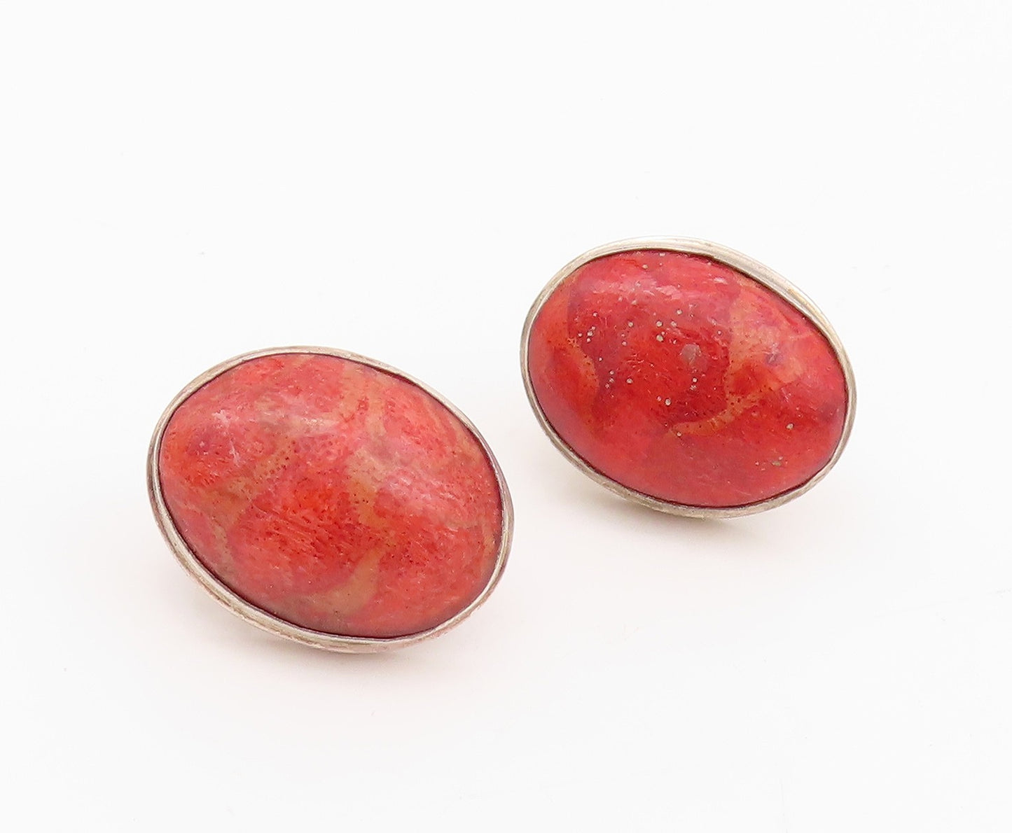 925 Sterling Silver Vintage Earrings Oval Cabochon Orange Gemstone  EG13641