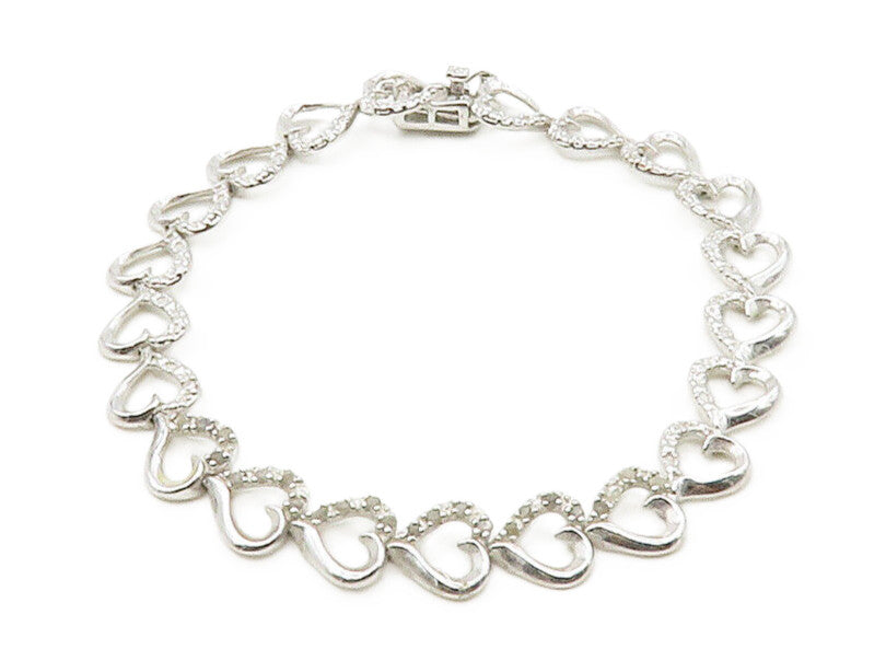 925 Sterling Silver  Genuine Diamonds Open Love Heart Chain Bracelet  BT6529