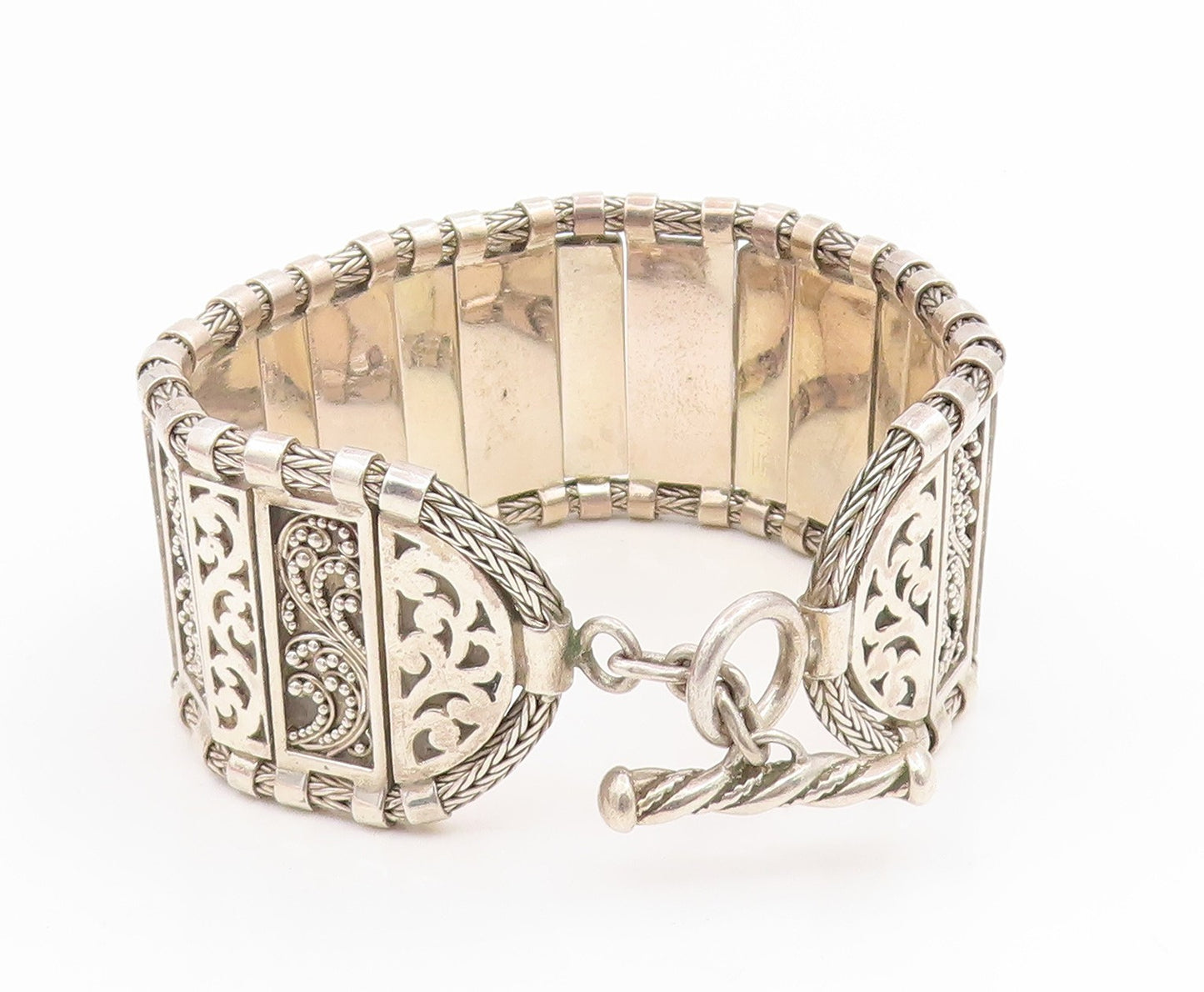 925 Sterling Silver Vintage Bracelet LOIS HILL Wide Scrollwork Panel  BT11919