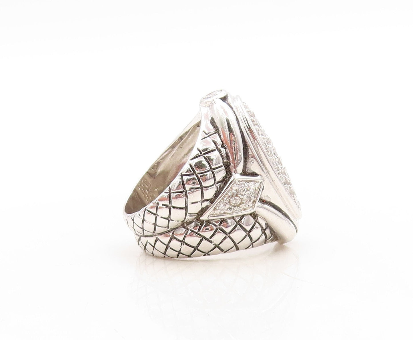 925 Sterling Silver Vintage Ring Net Design Etched Oval CZ Inlay  Sz 6  RG31320