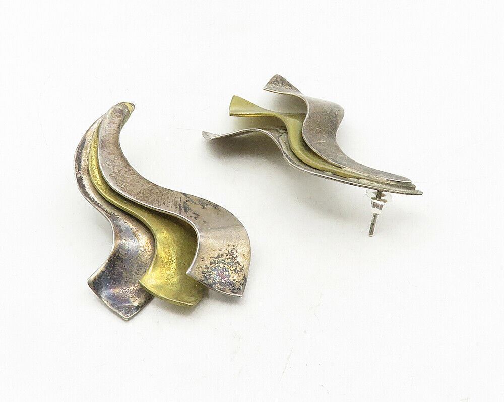 MEXICO 925 Sterling Silver  Vintage Two Tone Swirl Dangle Earrings  EG5193