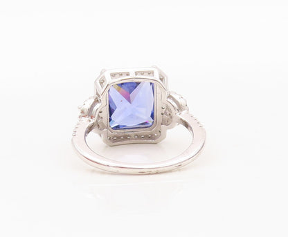 925 Sterling Silver Vintage Ring Square Cut Sapphire Halo CZ  Sz 7  RG30418