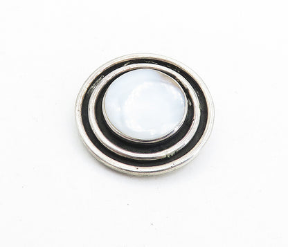 MEXICO 925 Silver  Vintage Mother Of Pearl Oxidized Round Pendant  PT4463