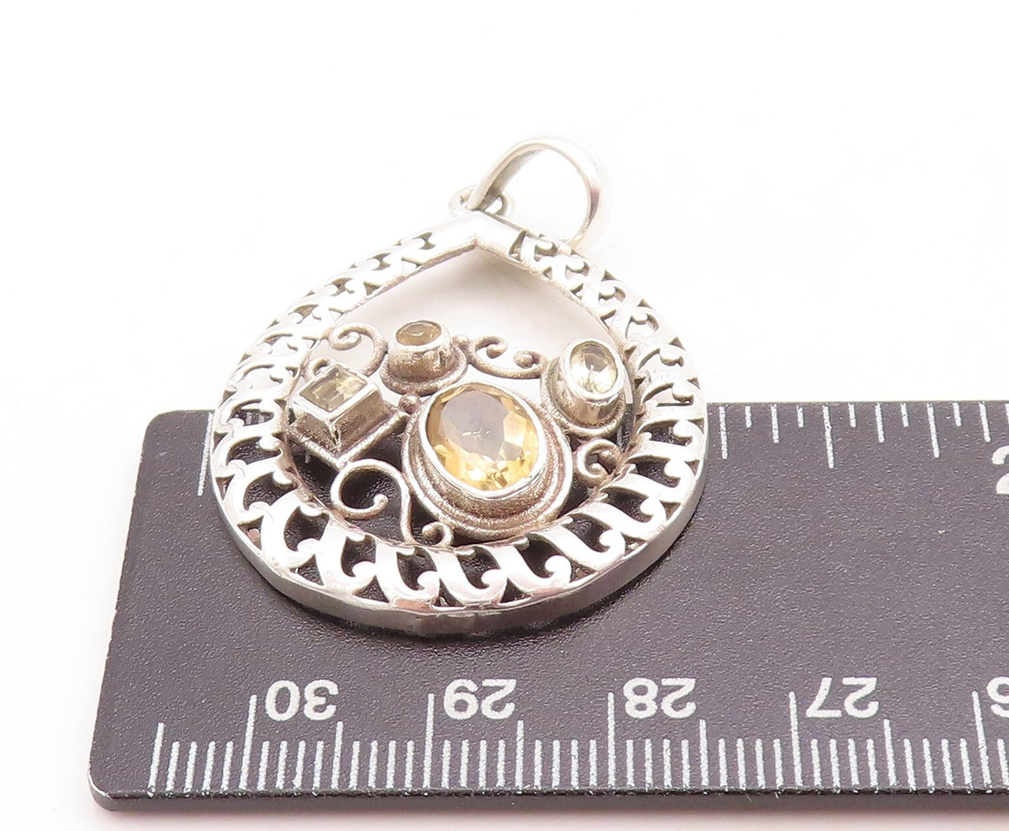 925 Sterling Silver Vintage Pendant Designer Swirly Cutout Citrine Inlay PT23760