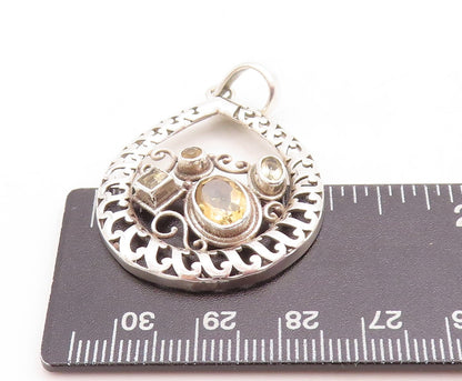 925 Sterling Silver Vintage Pendant Designer Swirly Cutout Citrine Inlay PT23760