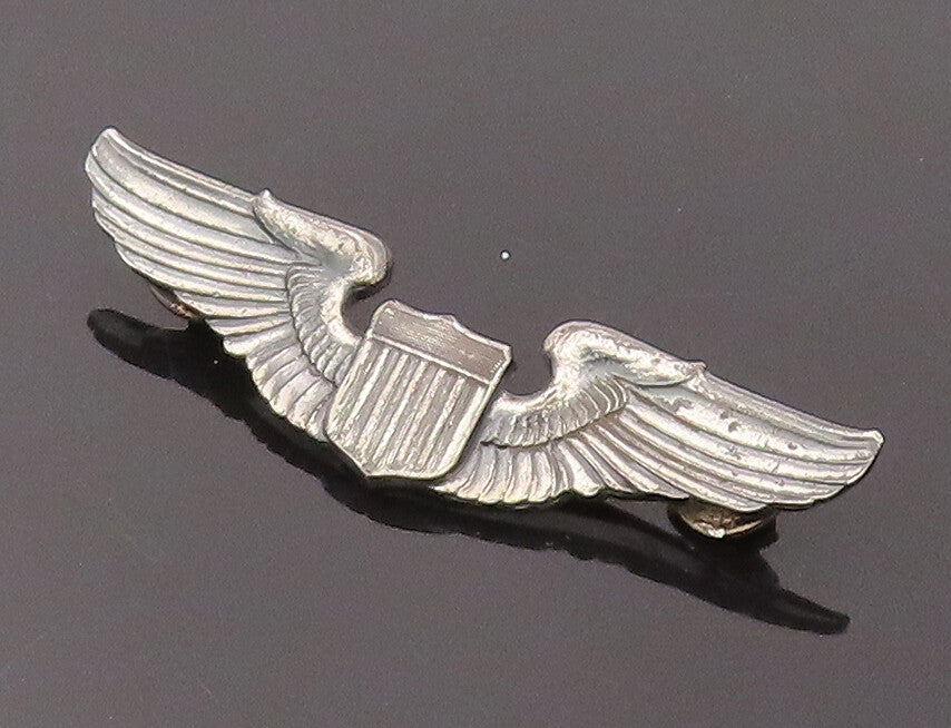 925 Silver  Vintage Antique US Military Stencil Cut Carved Brooch Pin  TR3499