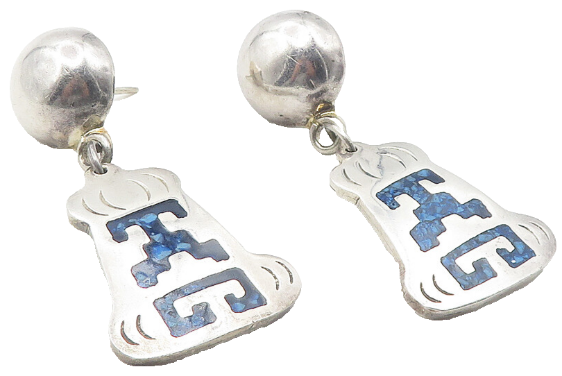 MEXICO 925 Silver  Vintage Crushed Turquoise Linked Dangle Earrings  EG6260