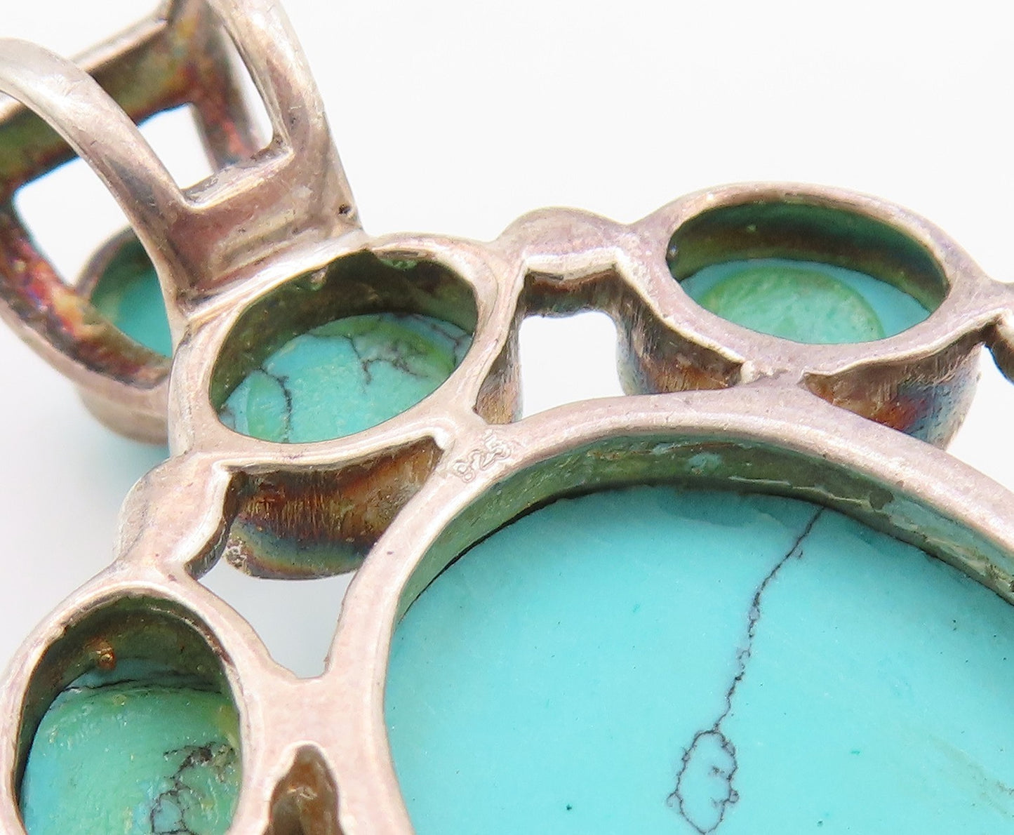 925 Sterling Silver Vintage Pendant Oval Cabochon Turquoise Flower  PT24312