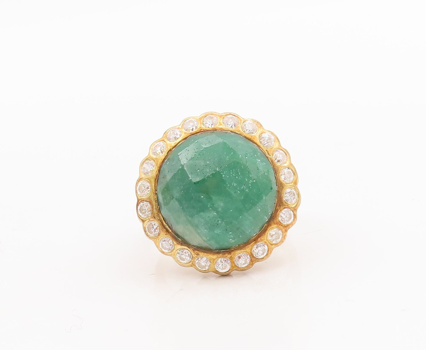 925 Sterling Silver Vintage Ring Gold Plated Green Gemstone Halo CZ Sz 6 RG29285