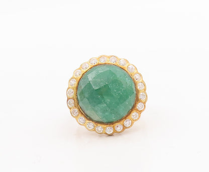 925 Sterling Silver Vintage Ring Gold Plated Green Gemstone Halo CZ Sz 6 RG29285