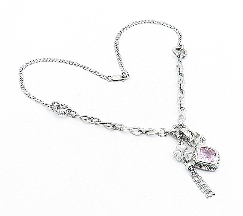 925 Sterling Silver Pink Cubic Zirconia Clover Charmed Chain Necklace NE1136