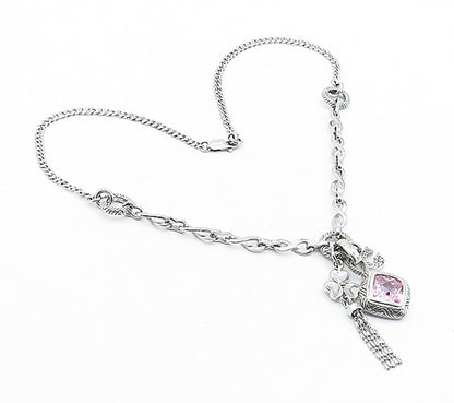 925 Sterling Silver Pink Cubic Zirconia Clover Charmed Chain Necklace NE1136