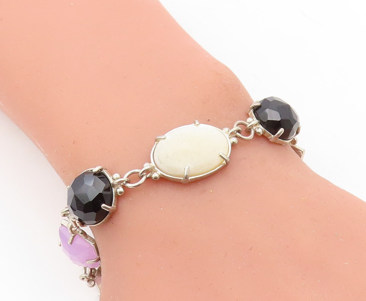 925 Silver  Vintage Hematite Mother Of Pearl & Amethyst Chain Bracelet  BT3013