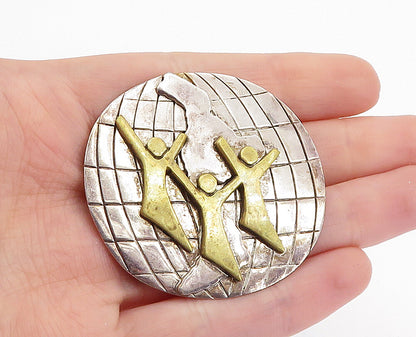 MEXICO 925 Sterling Silver  Vintage Two Tone Globe & People Brooch Pin  BP2387