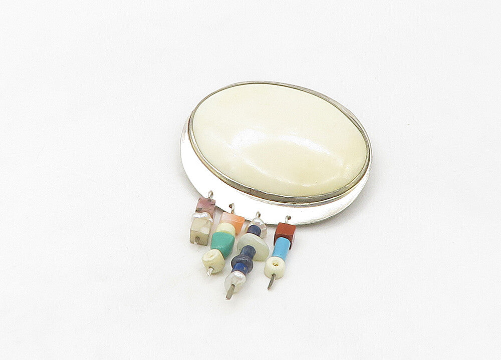 GFMW 925 Silver Vintage Lapis Lazuli & Multi Stone Beaded Brooch Pin BP8445