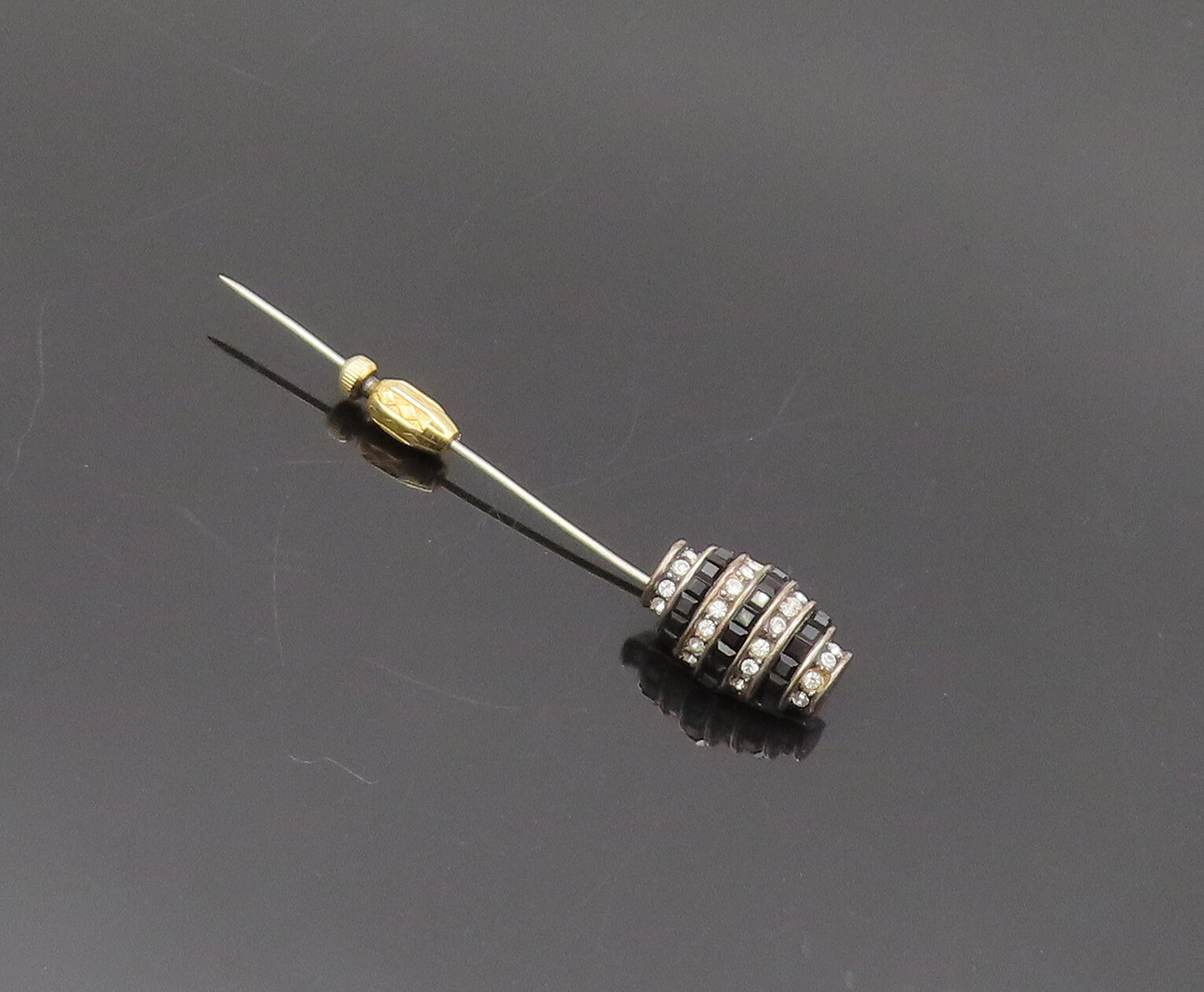 925 Sterling Silver Vintage Brooch Pin Antique Gold Plated Domed Onyx CZ BP10586