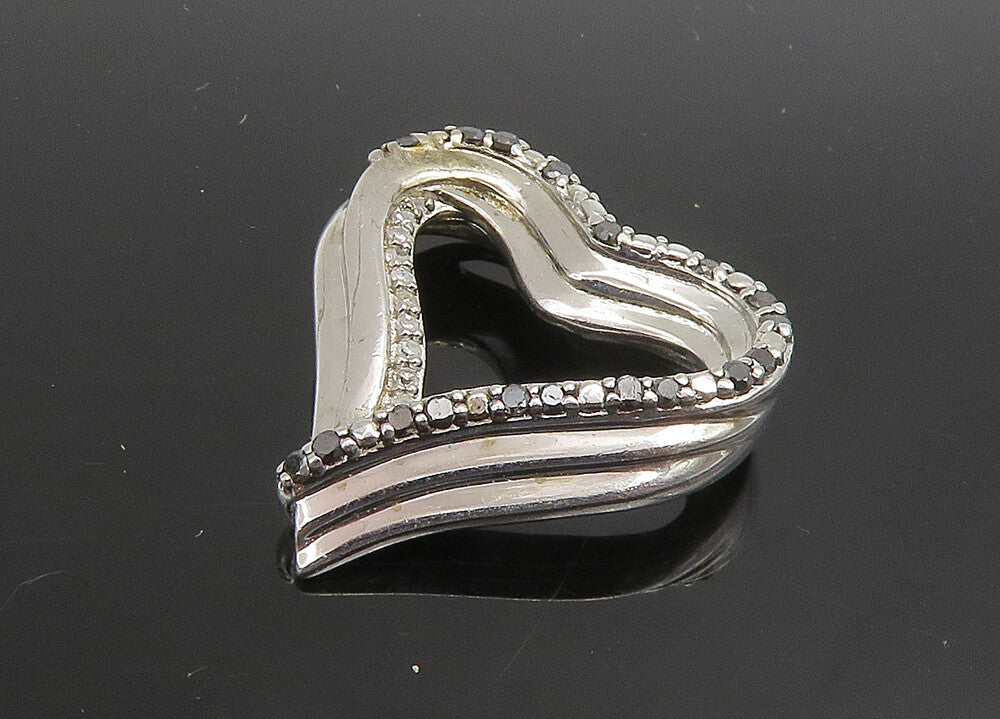 925 Silver  Vintage Genuine Black & White Diamonds Love Heart Pendant  PT19123