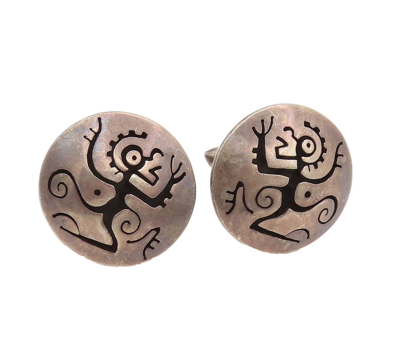 TAXCO MEXICO 925 Silver  Vintage Carved Figures Button Like Cuff Links  TR3523