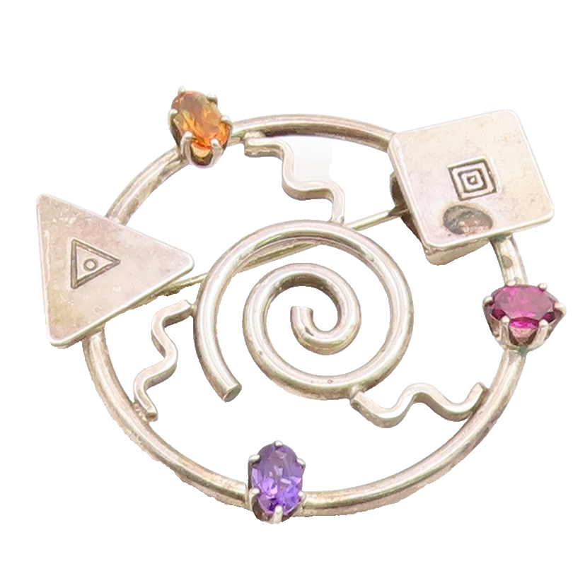 925 Sterling Silver Vintage Brooch Pin Multi Gemstone Geometric Galaxy  BP12649