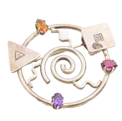 925 Sterling Silver Vintage Brooch Pin Multi Gemstone Geometric Galaxy  BP12649