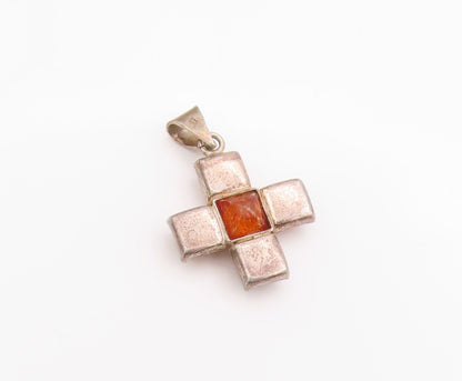 925 Sterling Silver Vintage Pendant Honey Amber Cross Medallion Charm  PT24833