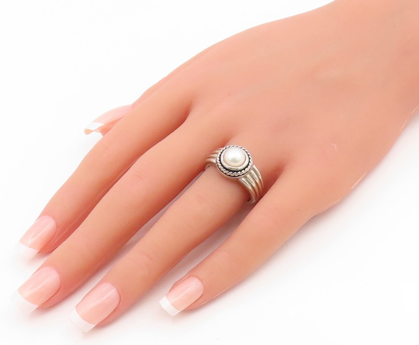 925 Sterling Silver Vintage Ring Pearl Ribbed Twisted Rope Band  Sz 8  RG35146