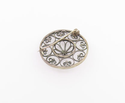 NORWAY 925 Silver  Vintage Round Pretzel Twist & Flower Dome Brooch Pin BP9601