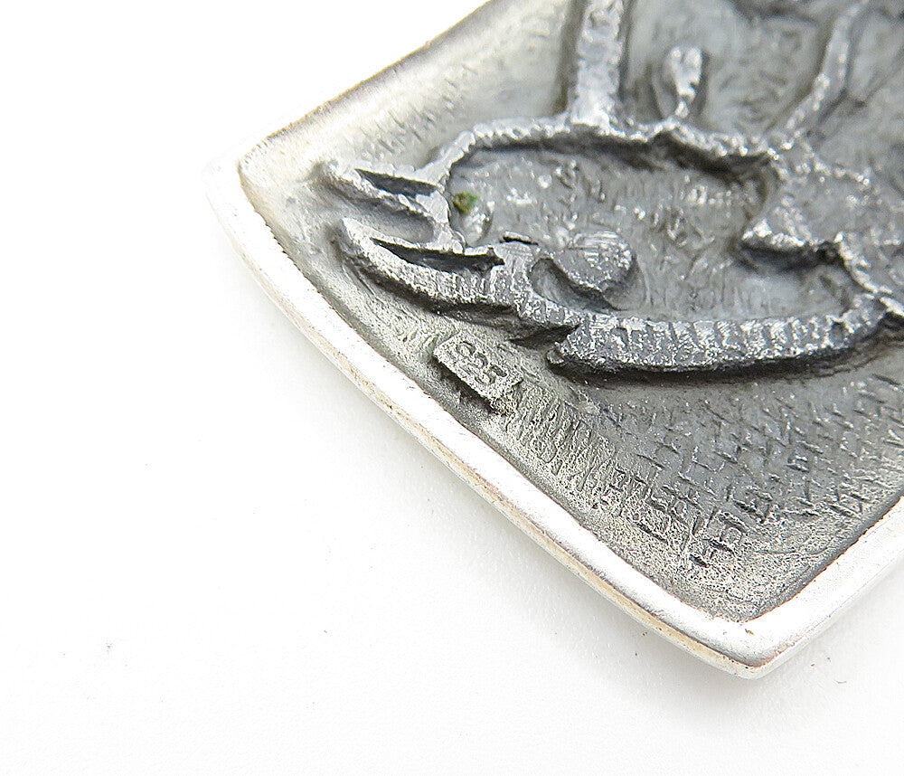 925 Sterling Silver  Vintage Shiny Etched Elephant Square Drop Pendant  PT5734