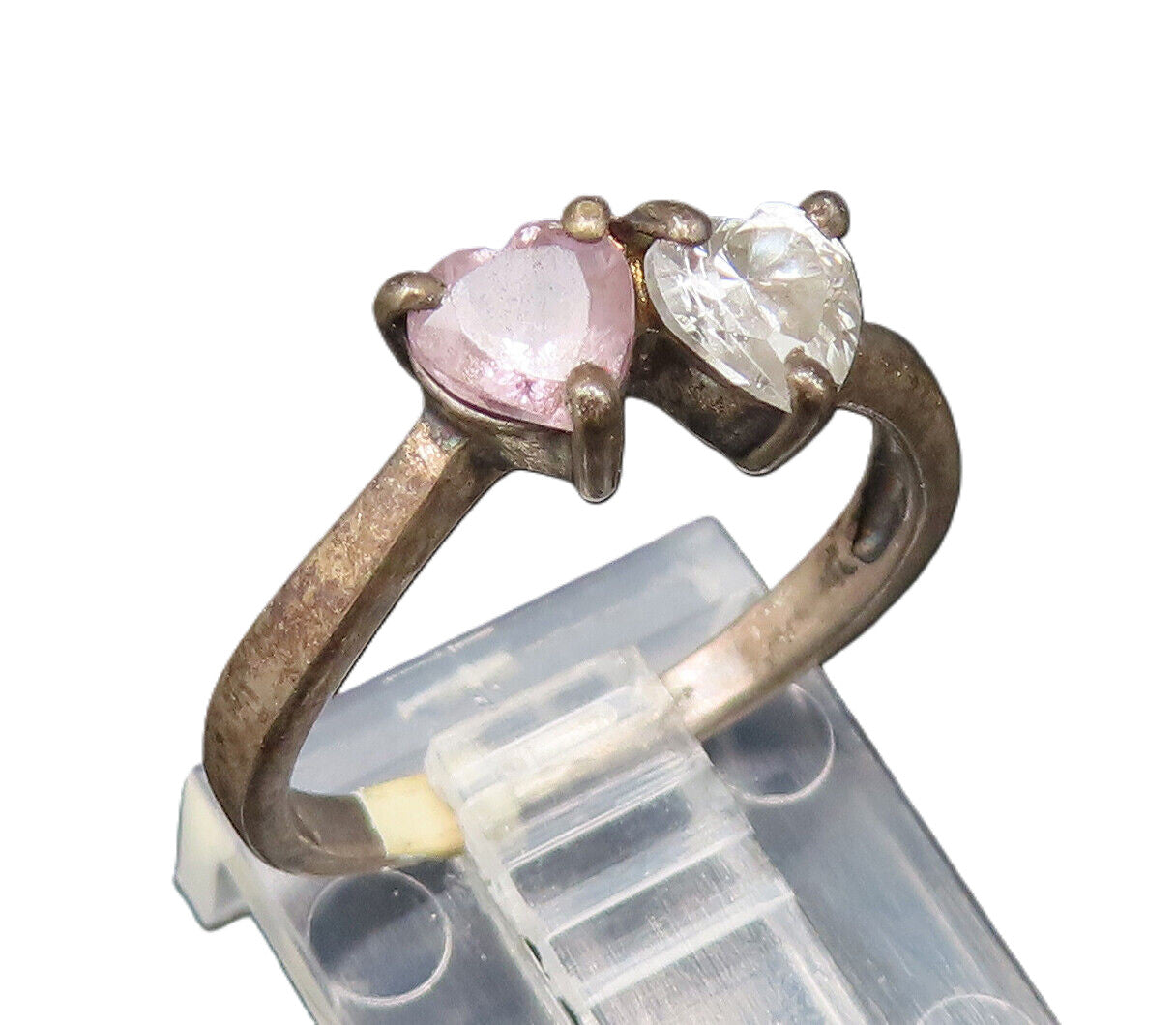 925 Sterling Silver Vintage Oxidized Double Topaz Love Heart Ring Sz 6 RG25382