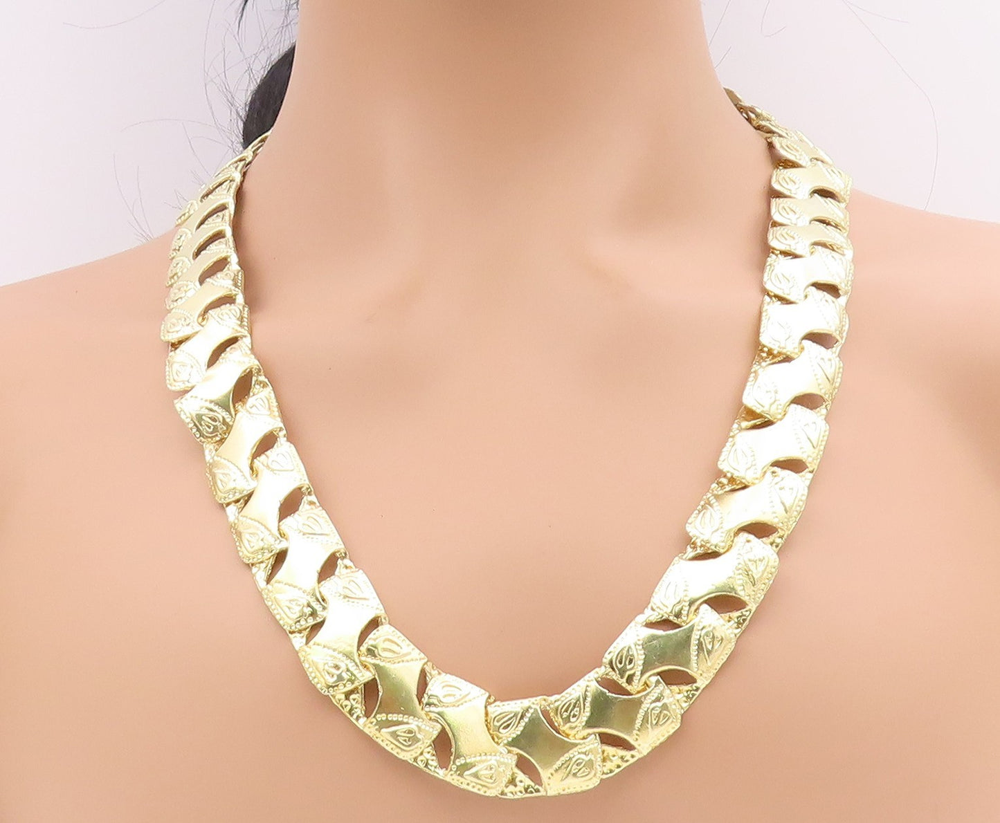 925 Sterling Silver Vintage Necklace Gold Plated Interlocking Cuban Link NE4695