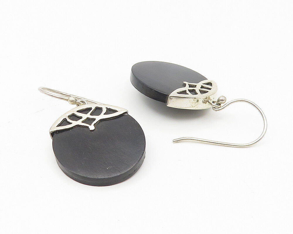 925 Sterling Silver  Vintage Black Wooden Shiny Bail Drop Earrings  EG3159