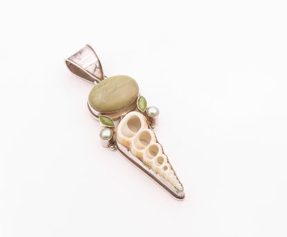 925 Sterling Silver  Vintage Pearls Peridot Jasper & Shell Pendant  PT19697