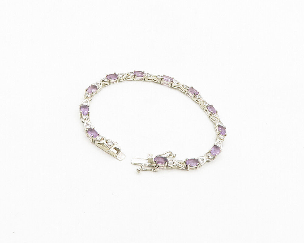 925 Sterling Silver  Vintage Amethyst & Topaz XO Shiny Chain Bracelet  BT7889